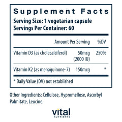 Vital Nutrients d3-k2 capsules close-up highlights softgel capsules for absorption