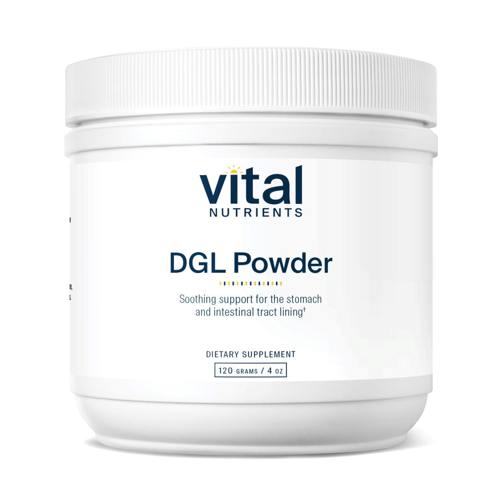 Vital Nutrients DGL Powder bottle with vegan licorice root formula for digestive support.