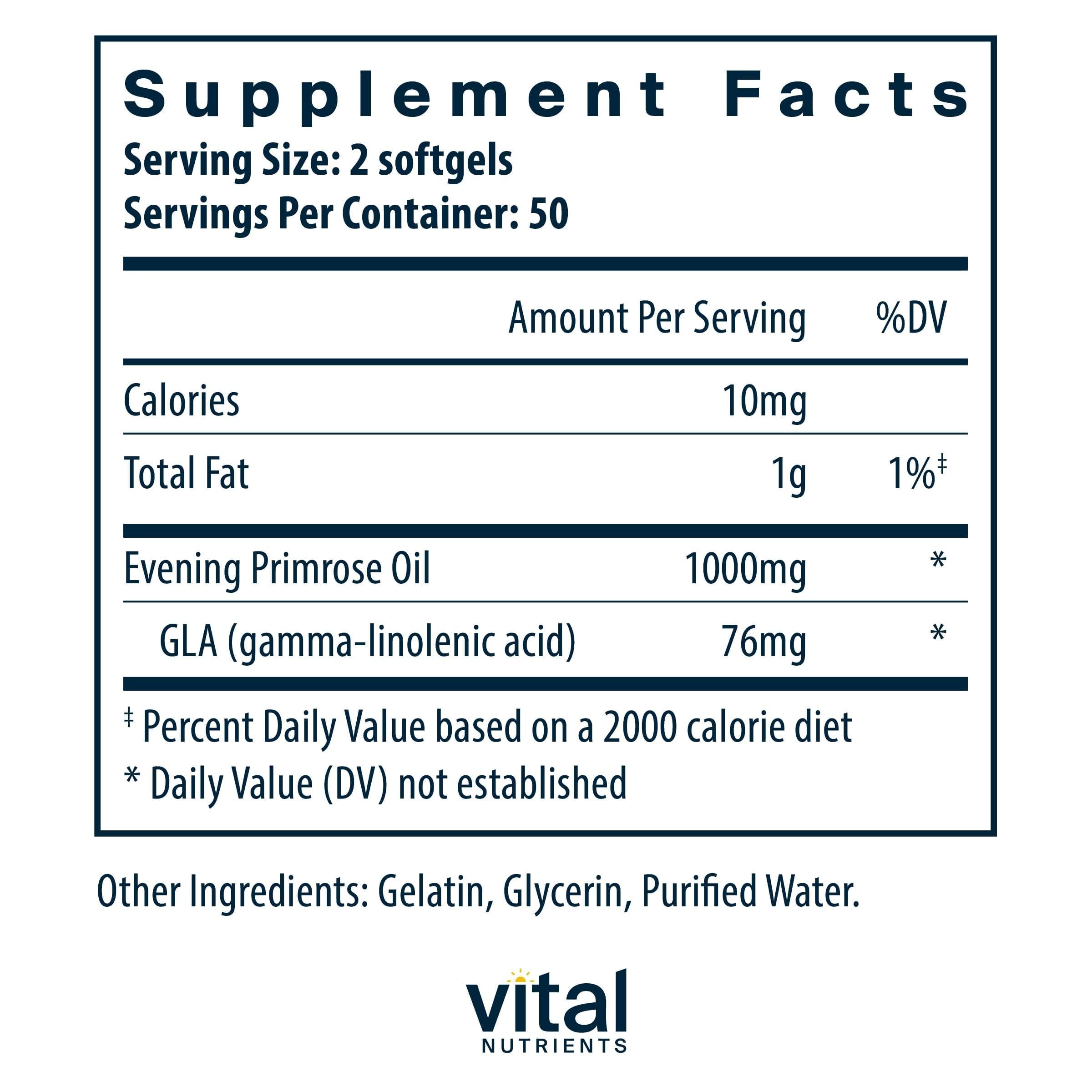 Vital Nutrients Evening Primrose Oil softgels close-up highlighting capsule texture and potency.