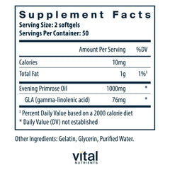Vital Nutrients Evening Primrose Oil softgels close-up highlighting capsule texture and potency.