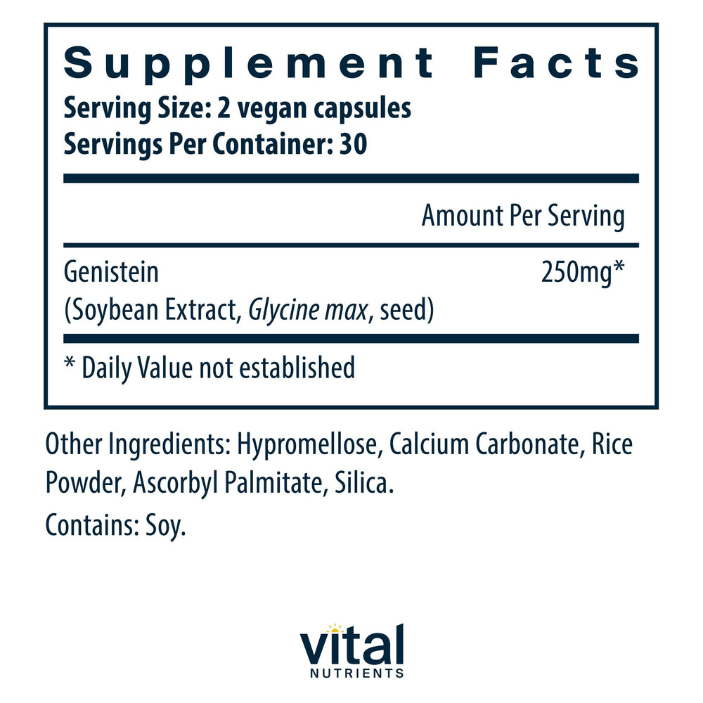 Vital Nutrients Genistein capsules closeup highlights smooth capsules for easy swallowing.
