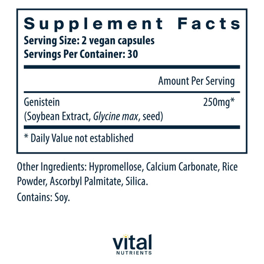 Vital Nutrients Genistein capsules closeup highlights smooth capsules for easy swallowing.