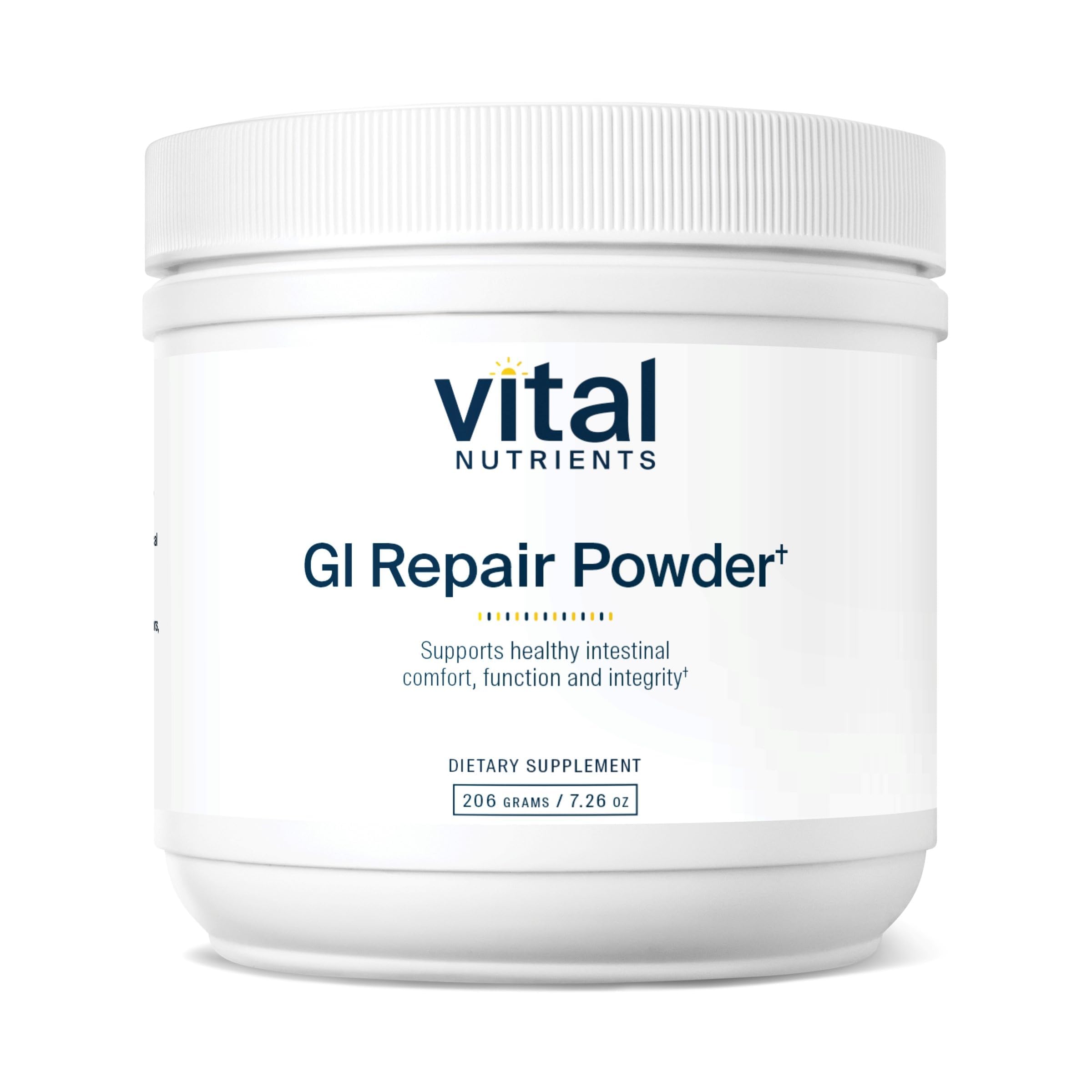 Vital Nutrients GI Repair Powder bottle close-up highlighting gut support benefits.