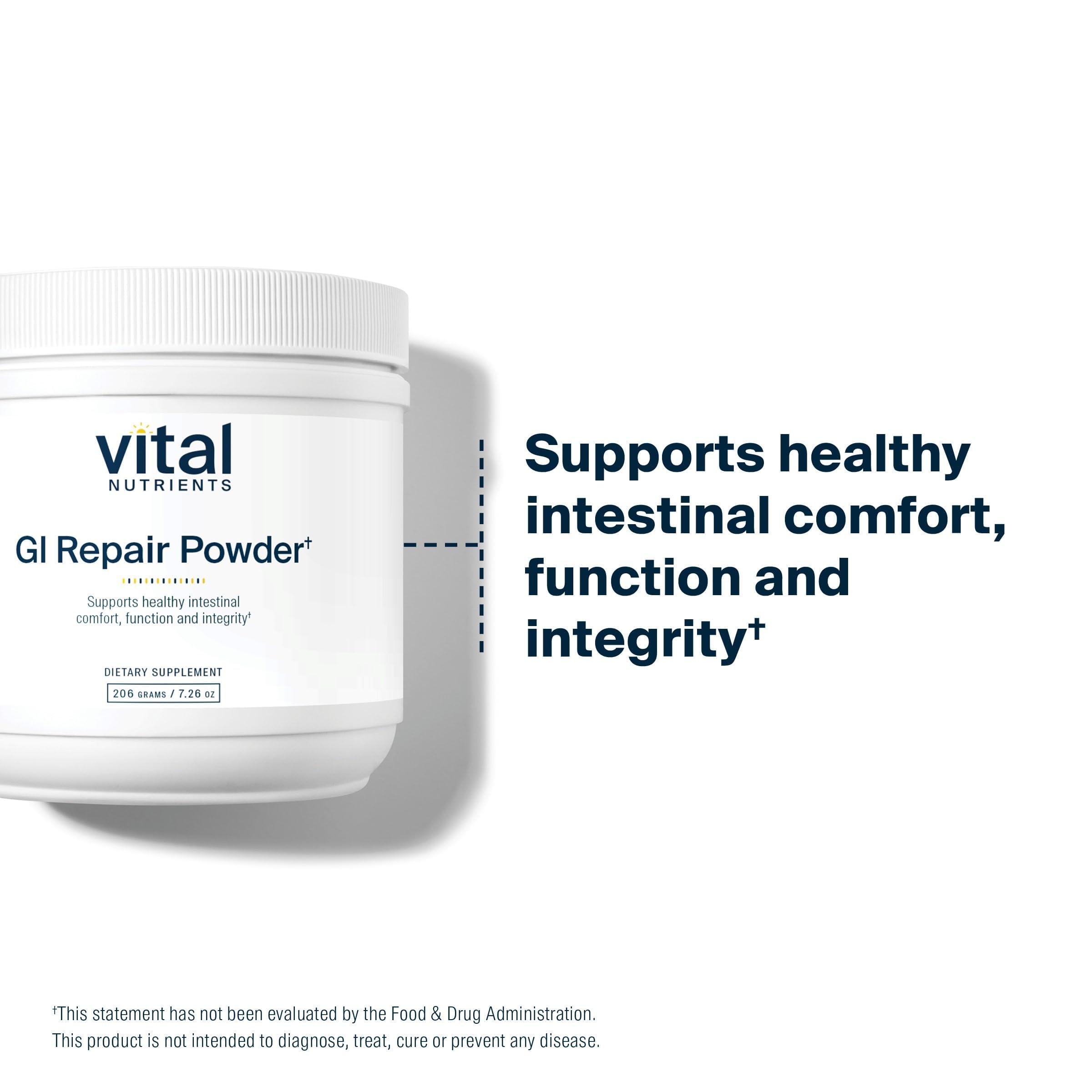 Vital Nutrients GI Repair Powder packaging layout emphasizing gluten-free and non-GMO features.