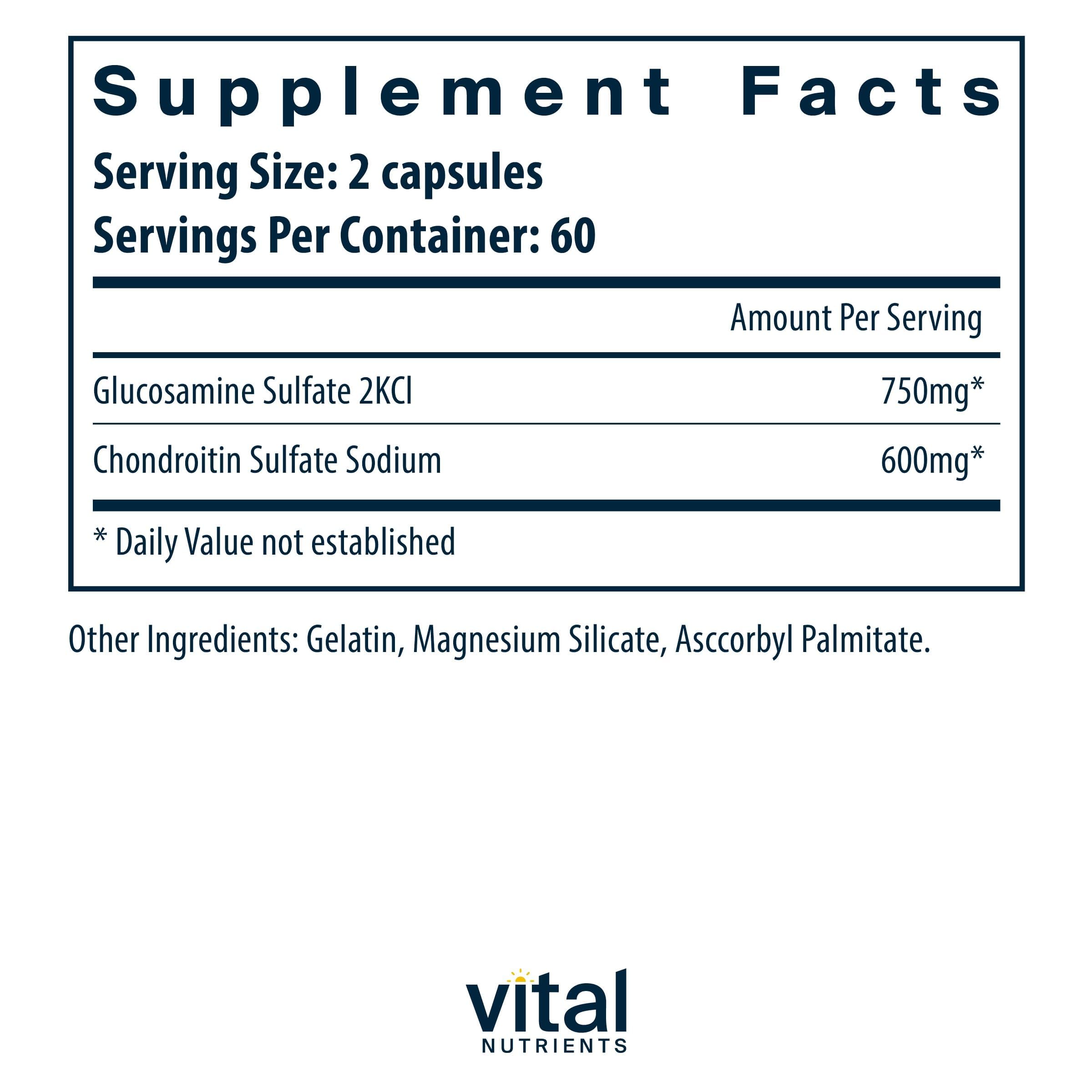 Vital Nutrients Glucosamine & Chondroitin capsules closeup highlighting capsule texture and potential cartilage support