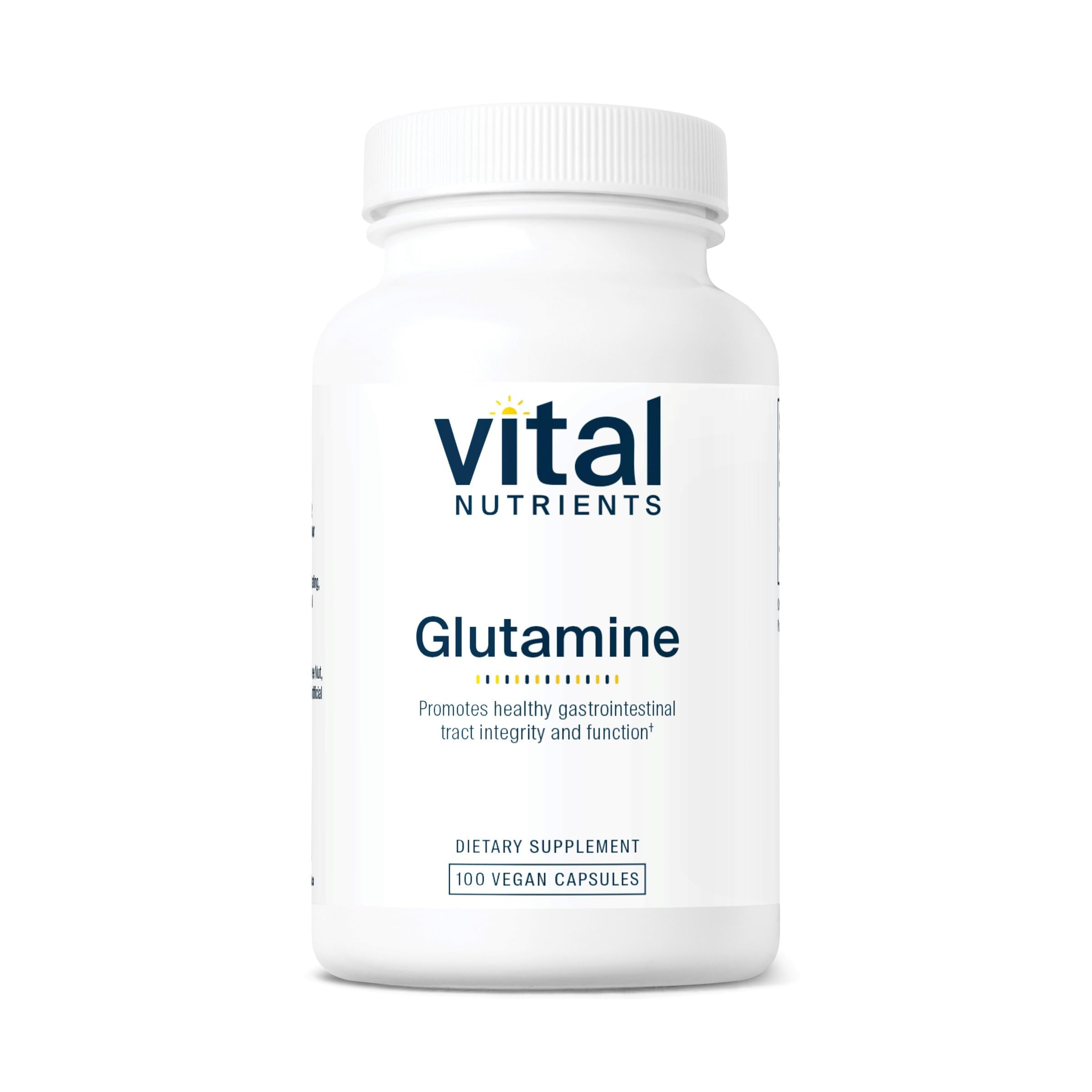 Vital Nutrients Glutamine capsules bottle on shelf supports GI comfort.