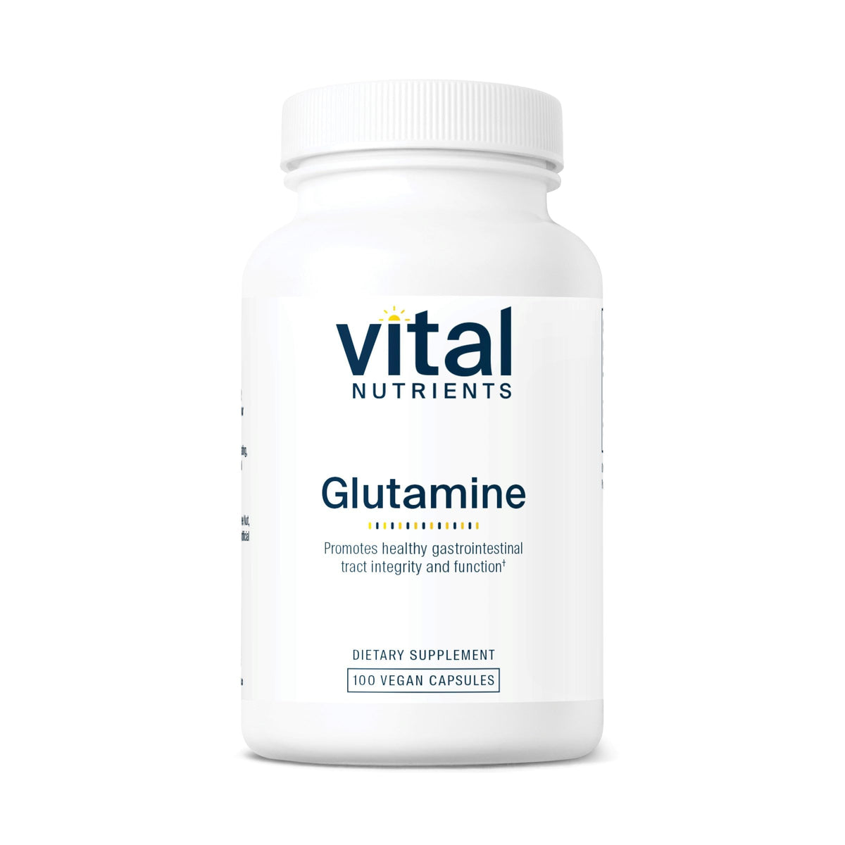 Vital Nutrients Glutamine capsules bottle on shelf supports GI comfort.
