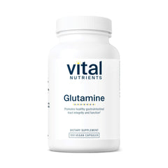 Vital Nutrients Glutamine capsules bottle on shelf supports GI comfort.