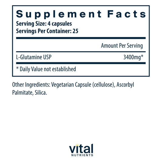 Vital Nutrients Glutamine capsules close-up highlighting gluten-free formula for sensitive diets.