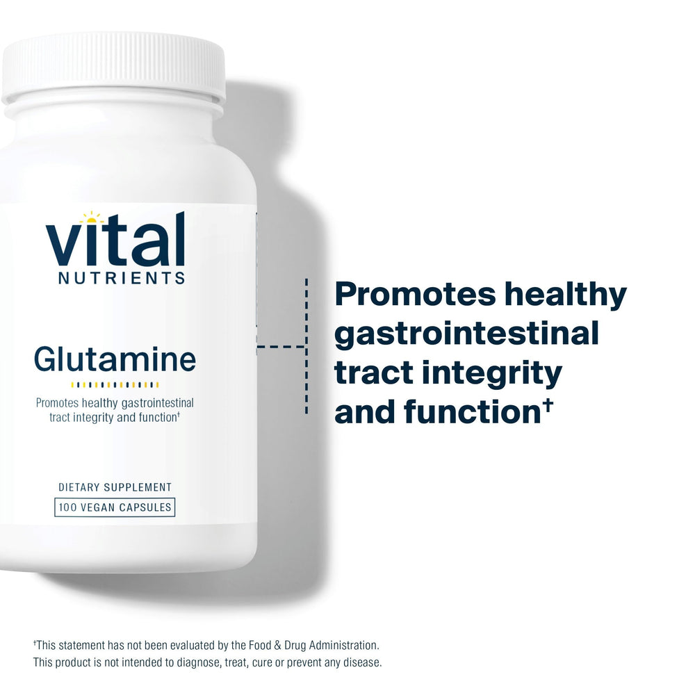 Vital Nutrients Glutamine capsules dosage panel shown for easy daily use.