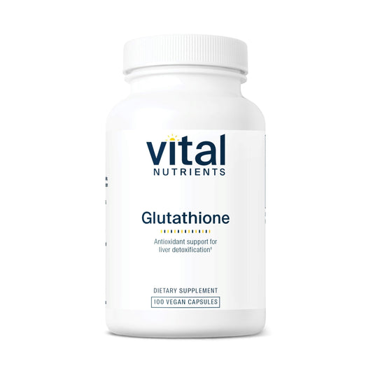 Vital Nutrients Glutathione 400mg bottle highlights antioxidant support for daily wellness.
