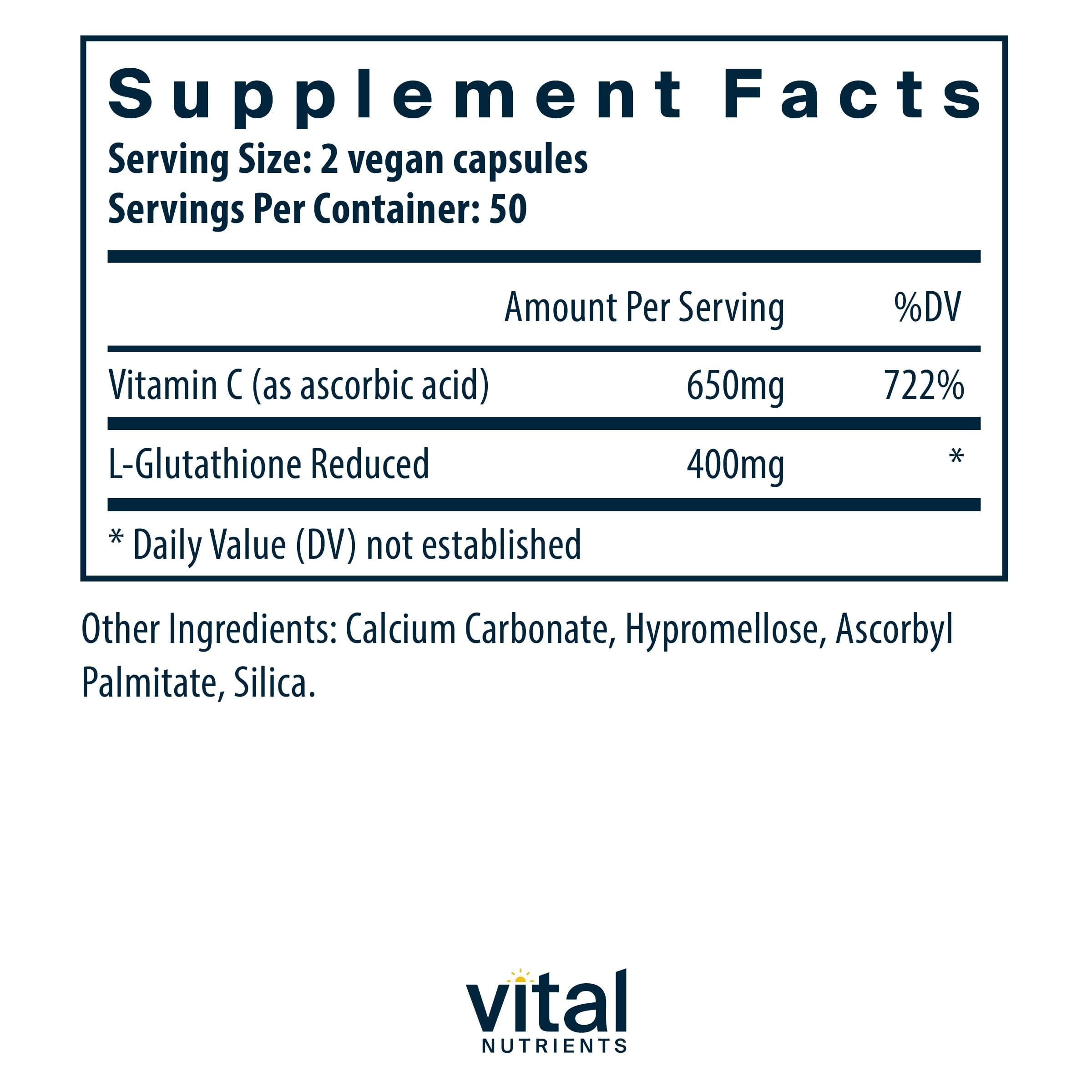 Vital Nutrients Glutathione capsules close-up emphasizing vegan formula and clean label.