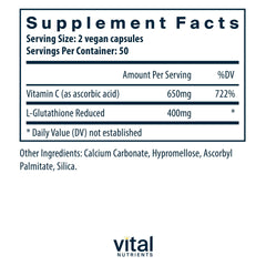 Vital Nutrients Glutathione capsules close-up emphasizing vegan formula and clean label.