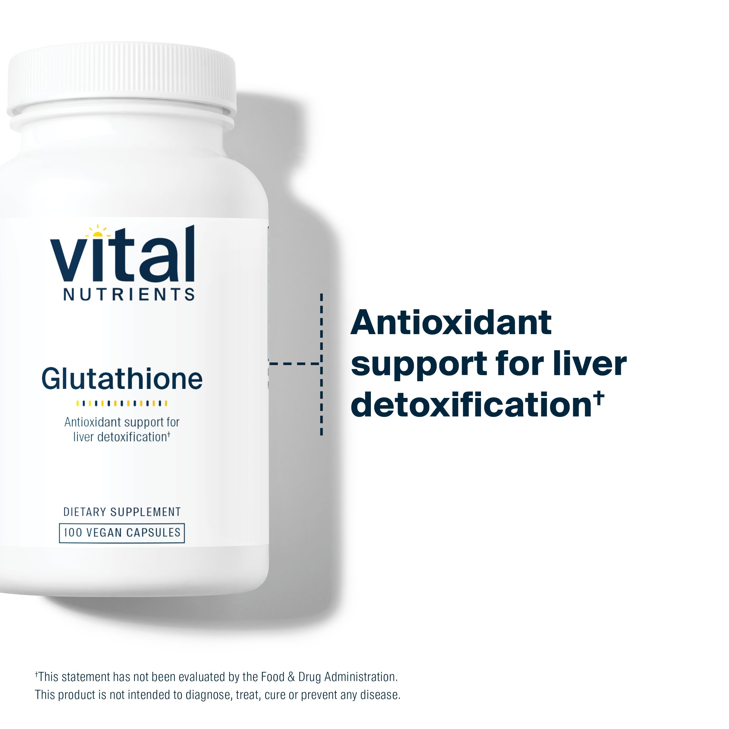 Vital Nutrients Glutathione bottle close-up signals quality and testing.