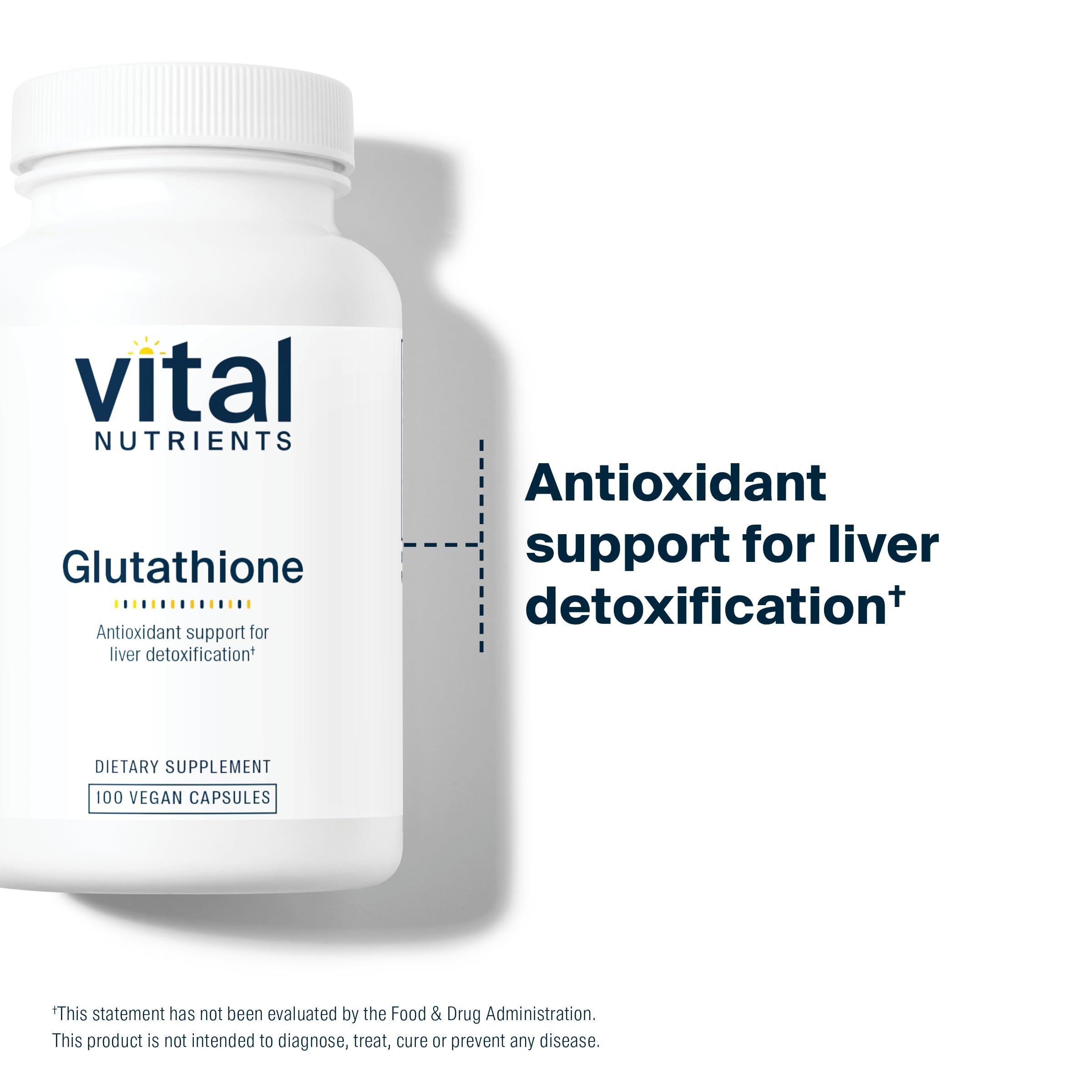 Vital Nutrients Glutathione packaging highlights vegan formula and purity.