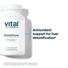 Vital Nutrients Glutathione packaging highlights vegan formula and purity.