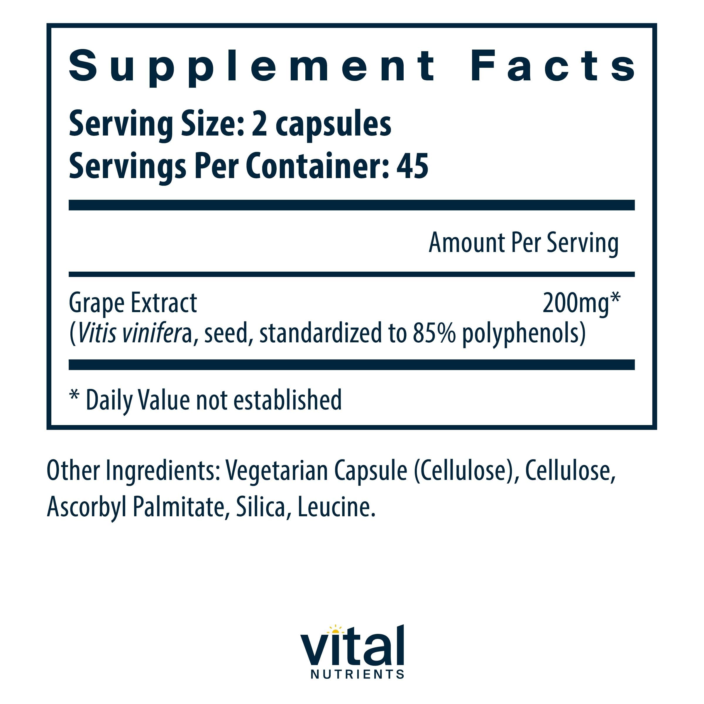 Vital Nutrients grape seed capsules closeup highlights easy daily supplementation for circulation.