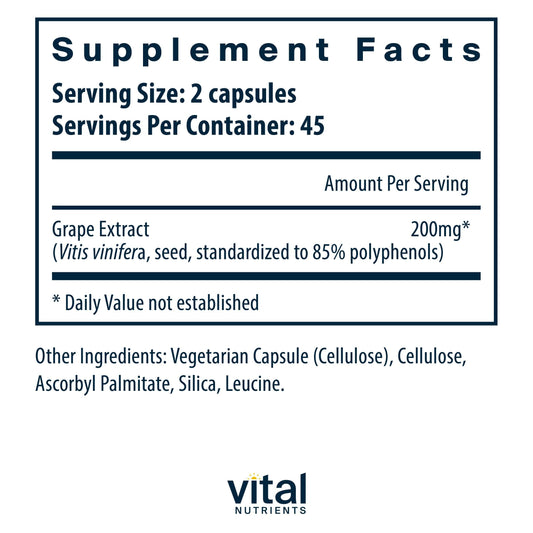 Vital Nutrients grape seed capsules closeup highlights easy daily supplementation for circulation.