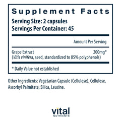 Vital Nutrients grape seed capsules closeup highlights easy daily supplementation for circulation.
