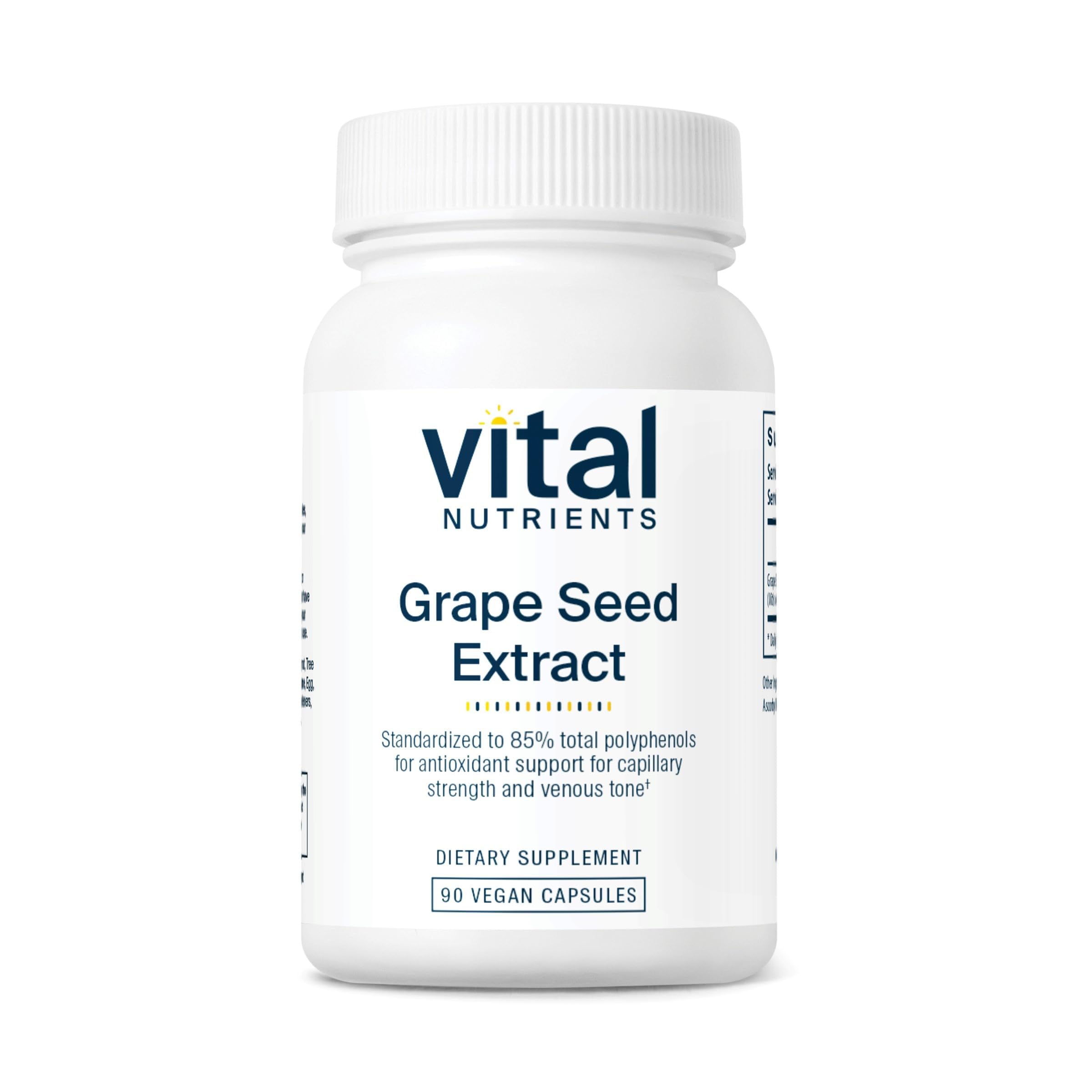 Vital Nutrients grape seed extract bottle showcases potency for vascular support and antioxidant activity.