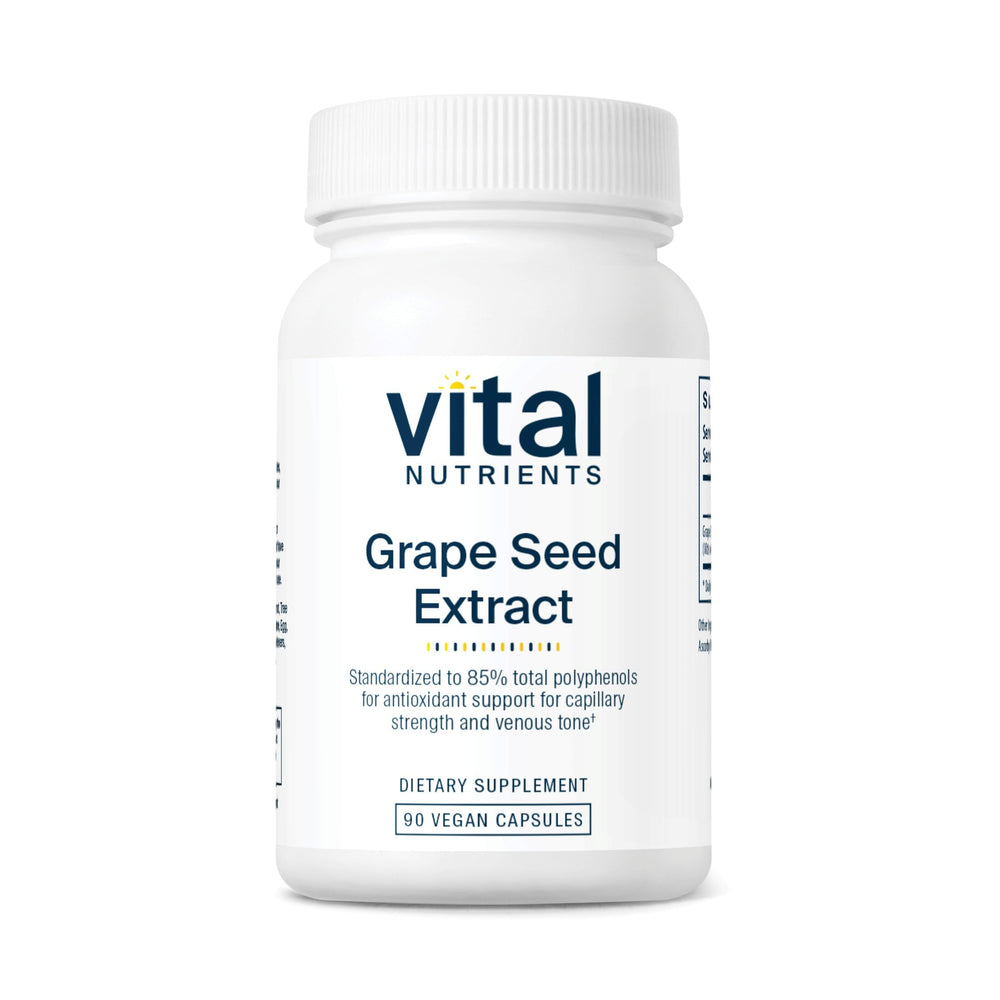 Vital Nutrients grape seed extract bottle showcases potency for vascular support and antioxidant activity.