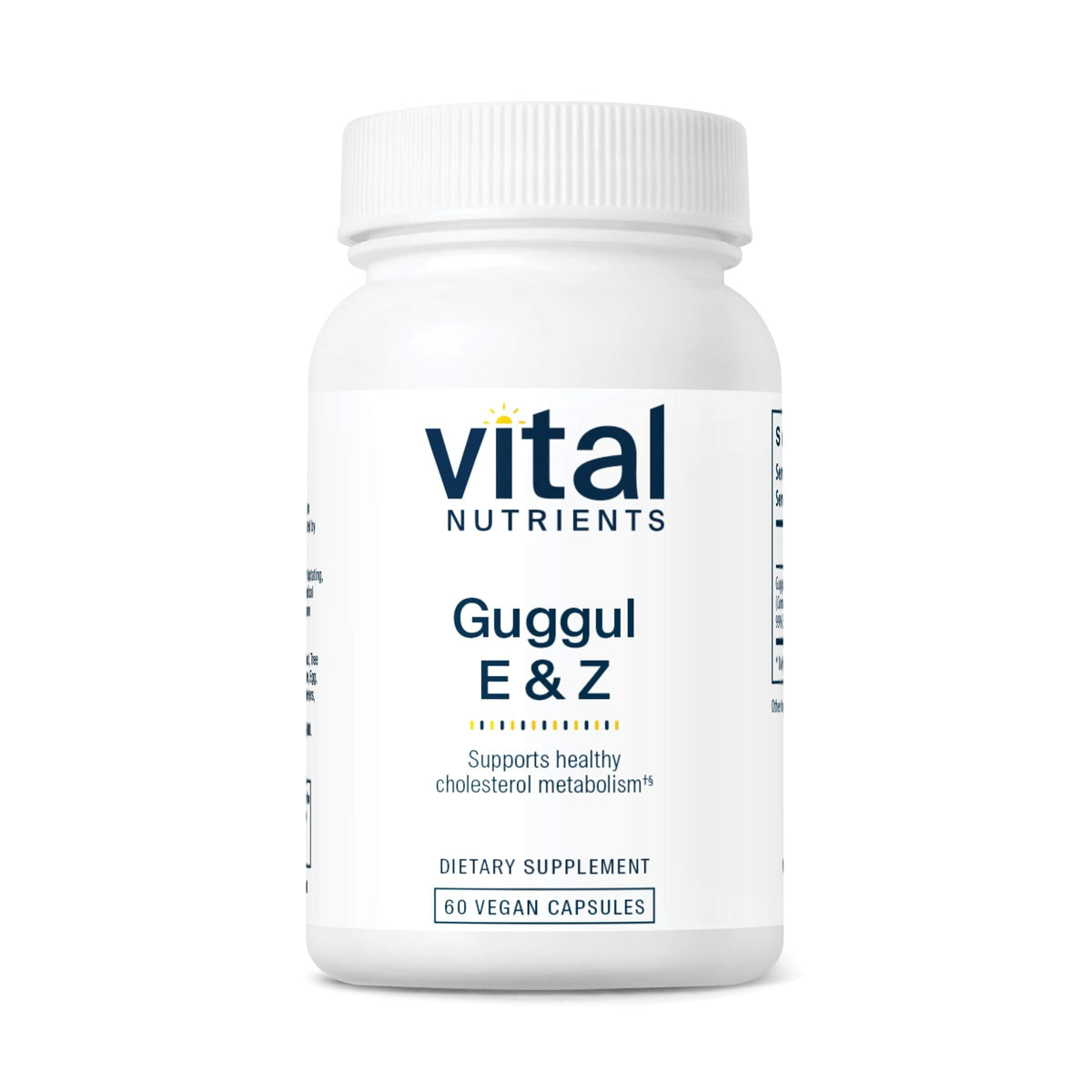 Vital Nutrients Guggul E & Z bottle front view, vegan supplement for cholesterol support.