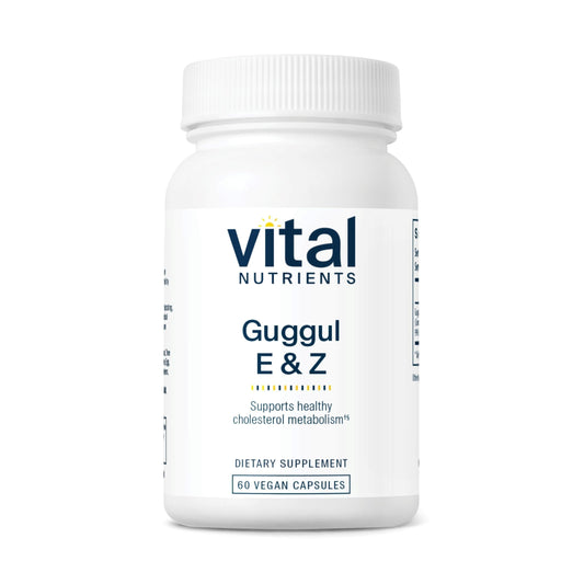 Vital Nutrients Guggul E & Z bottle front view, vegan supplement for cholesterol support.