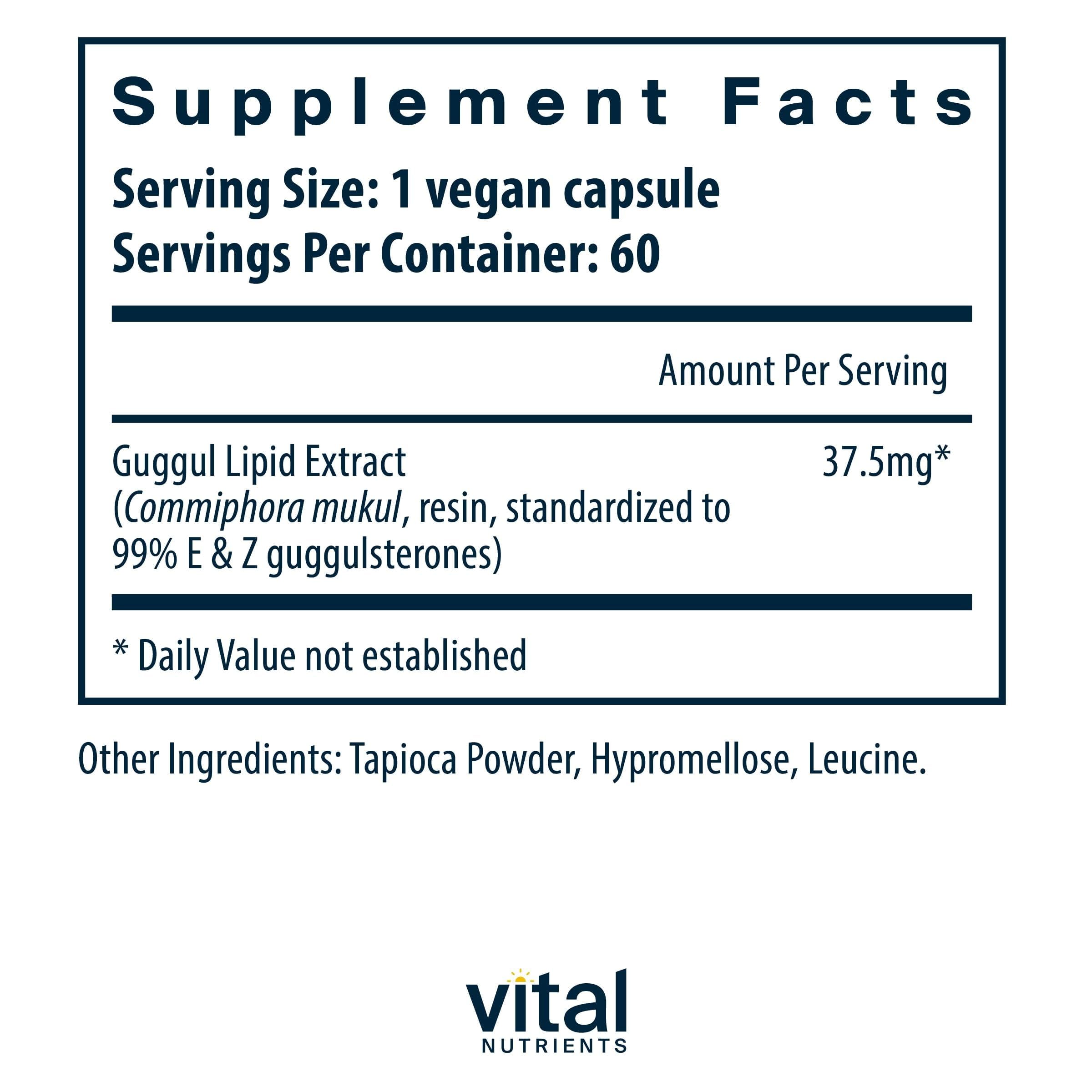 Vital Nutrients Guggul E & Z capsules up close, gluten-free and non-GMO.