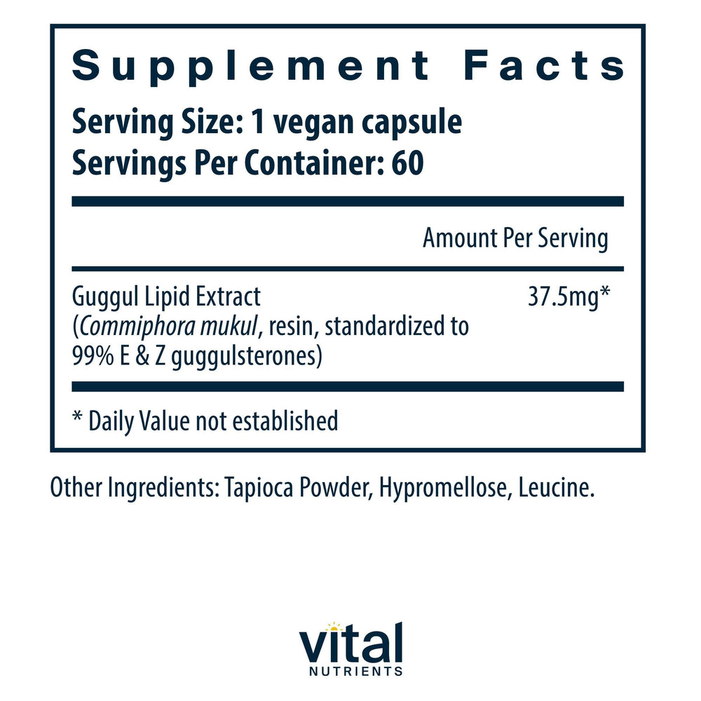 Vital Nutrients Guggul E & Z capsules up close, gluten-free and non-GMO.