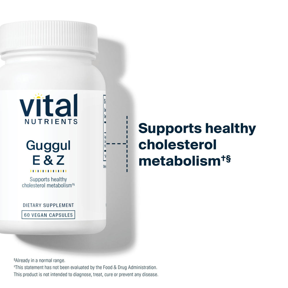 Vital Nutrients Guggul E & Z packaging shows independent lab testing.