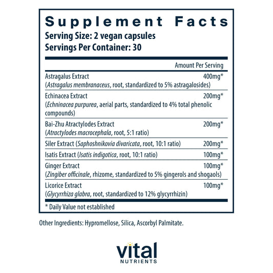 Vital Nutrients Immune Support bottle label closeup highlighting clean vegan formula.