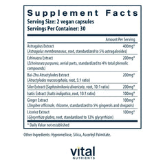 Vital Nutrients Immune Support bottle label closeup highlighting clean vegan formula.