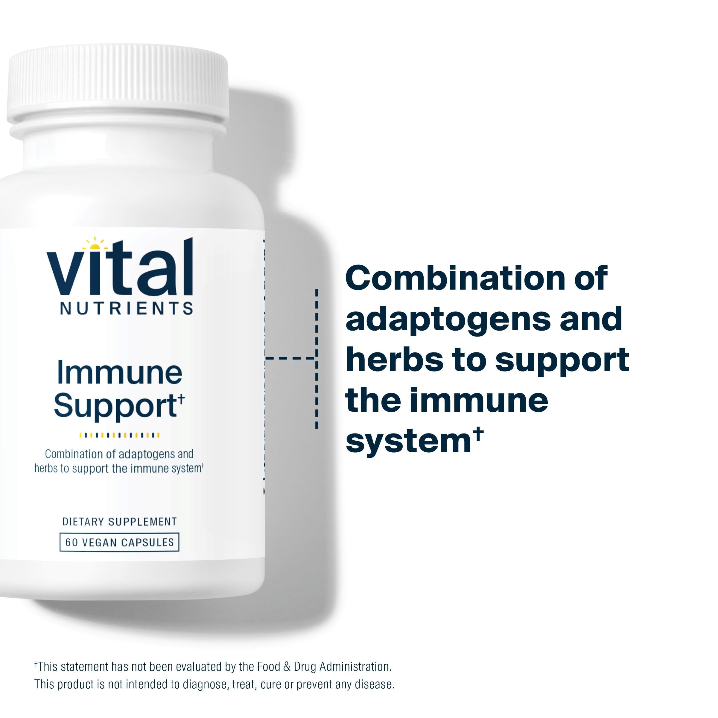 Vital Nutrients Immune Support capsules on white background, gluten-free and non-GMO.