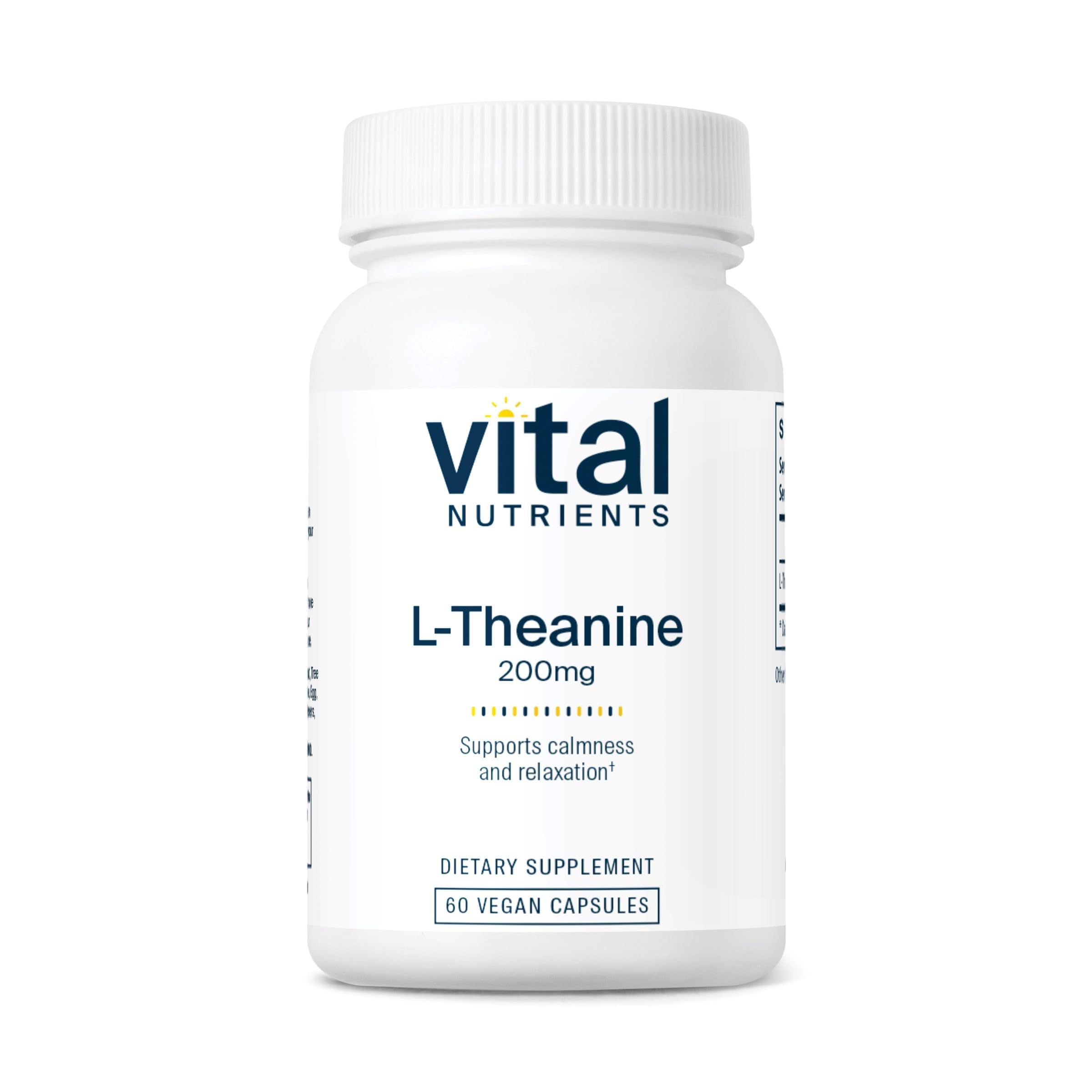 Vital Nutrients L-Theanine 200mg bottle for calm focus and relaxed alertness.