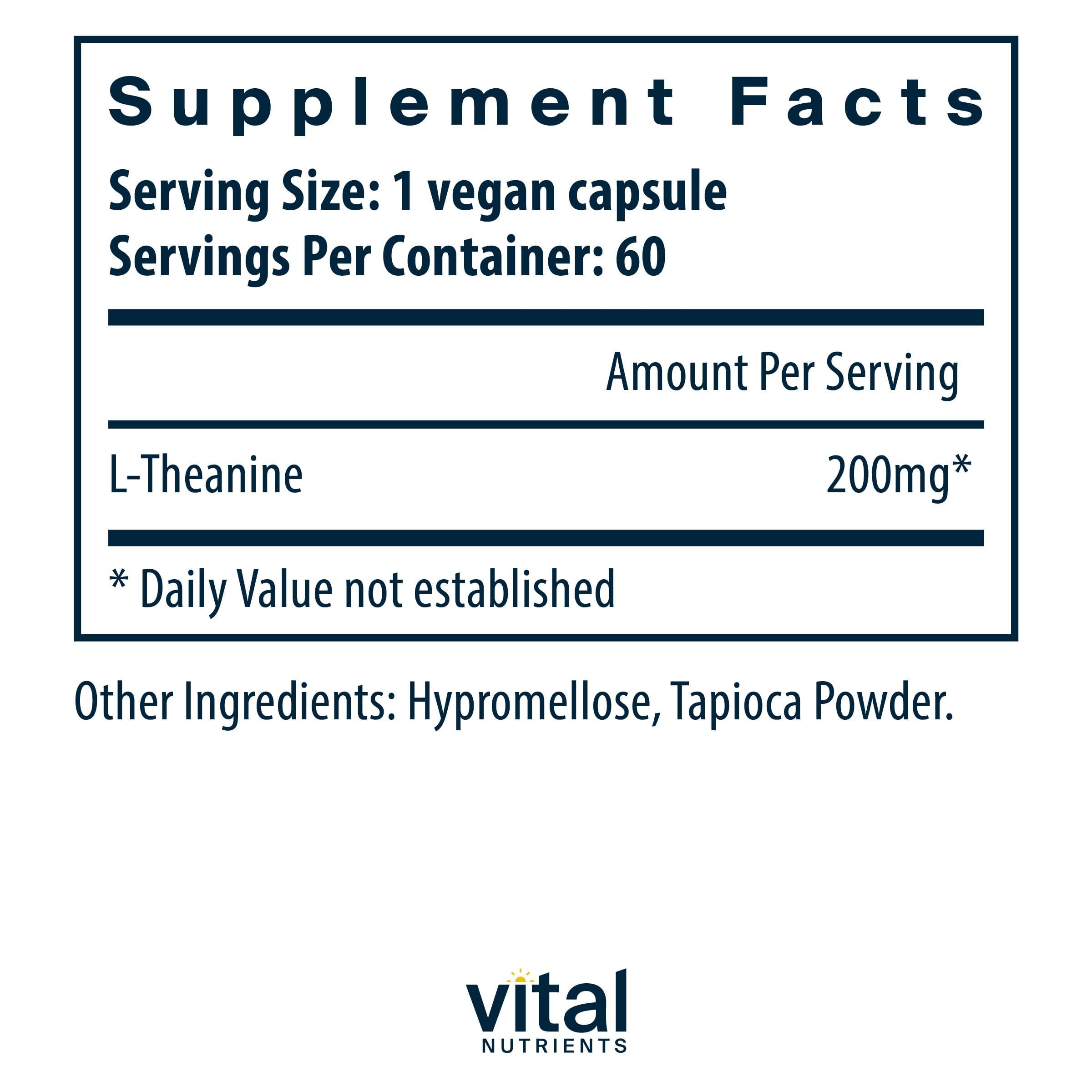 Vital Nutrients L-Theanine capsules close-up promoting steady mood and clarity.