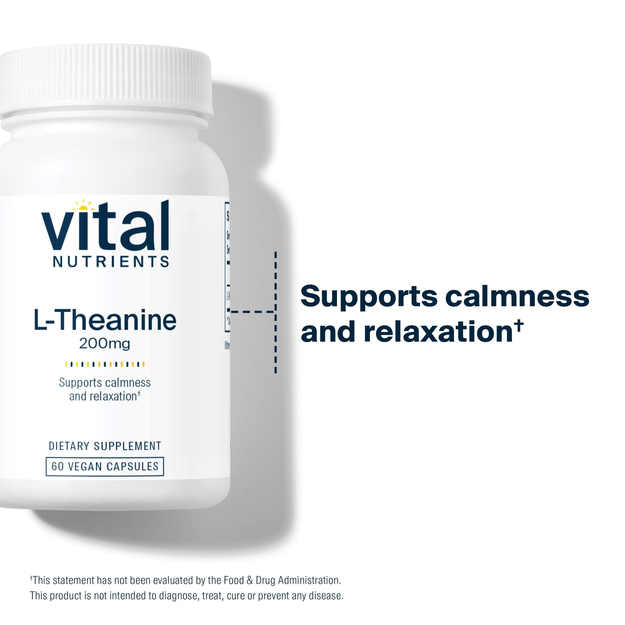 Vital Nutrients L-Theanine packaging back view highlighting vegan formula.