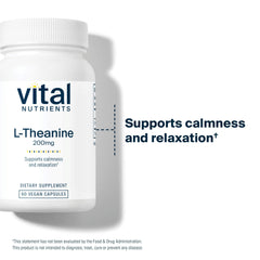 Vital Nutrients L-Theanine packaging back view highlighting vegan formula.