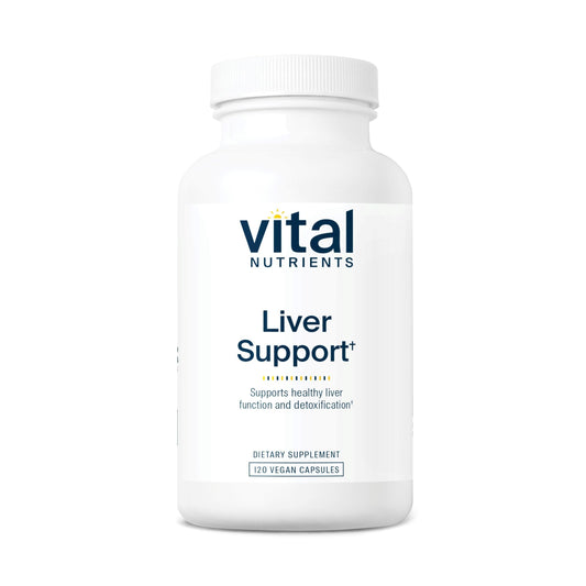 Vital Nutrients Liver Support bottle front view, showing vegan capsules for daily liver health.