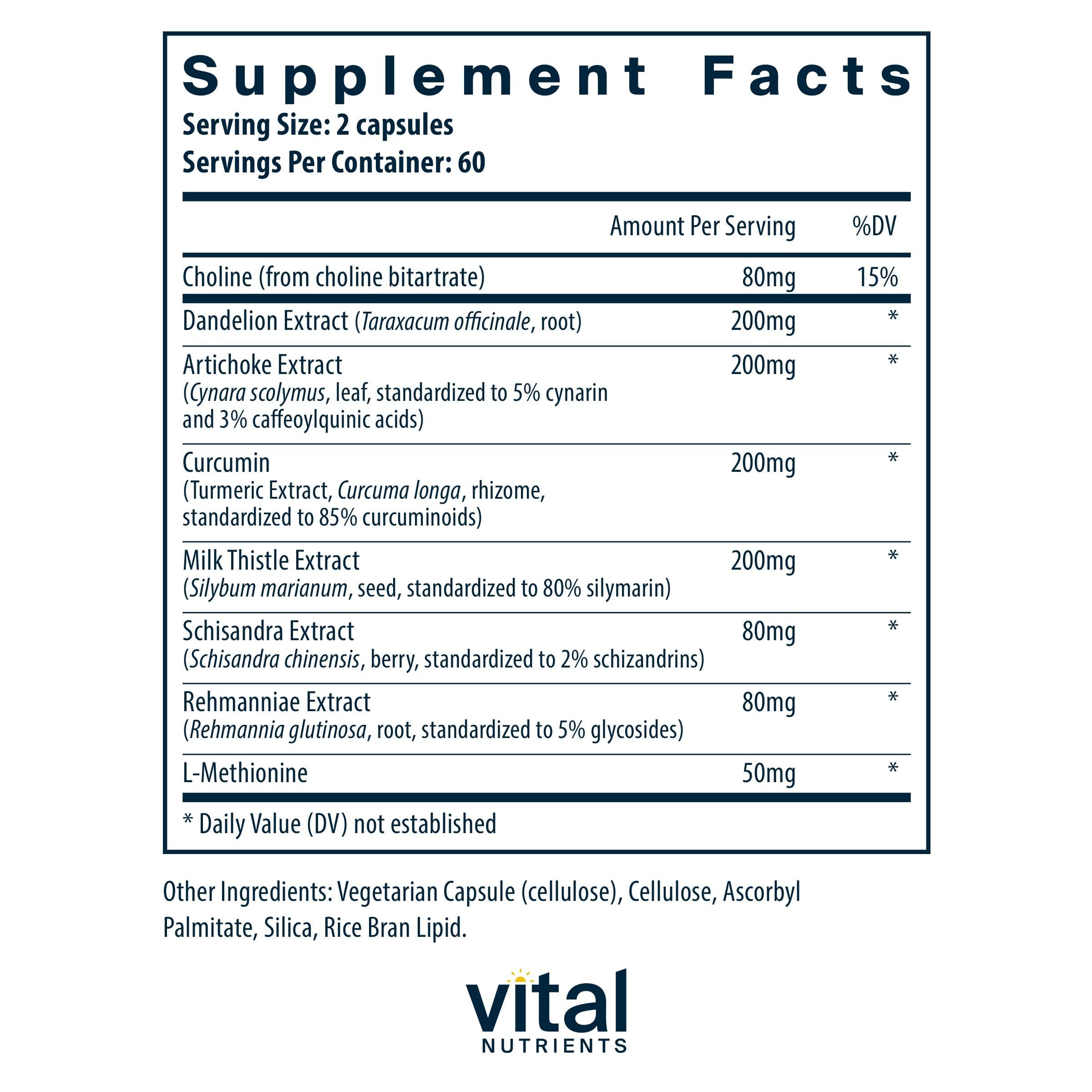 Vital Nutrients Liver Support bottle side view with product details and dosage information.