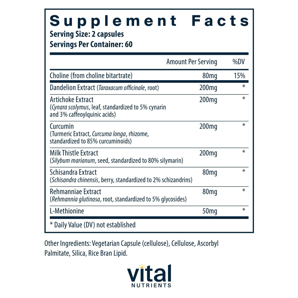 Vital Nutrients Liver Support bottle side view with product details and dosage information.