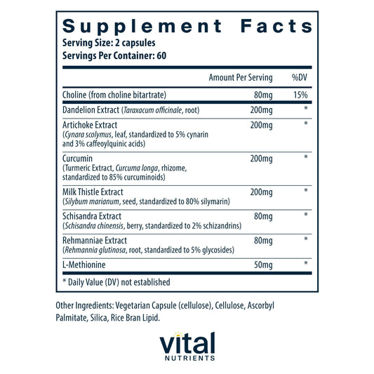 Vital Nutrients Liver Support bottle side view with product details and dosage information.