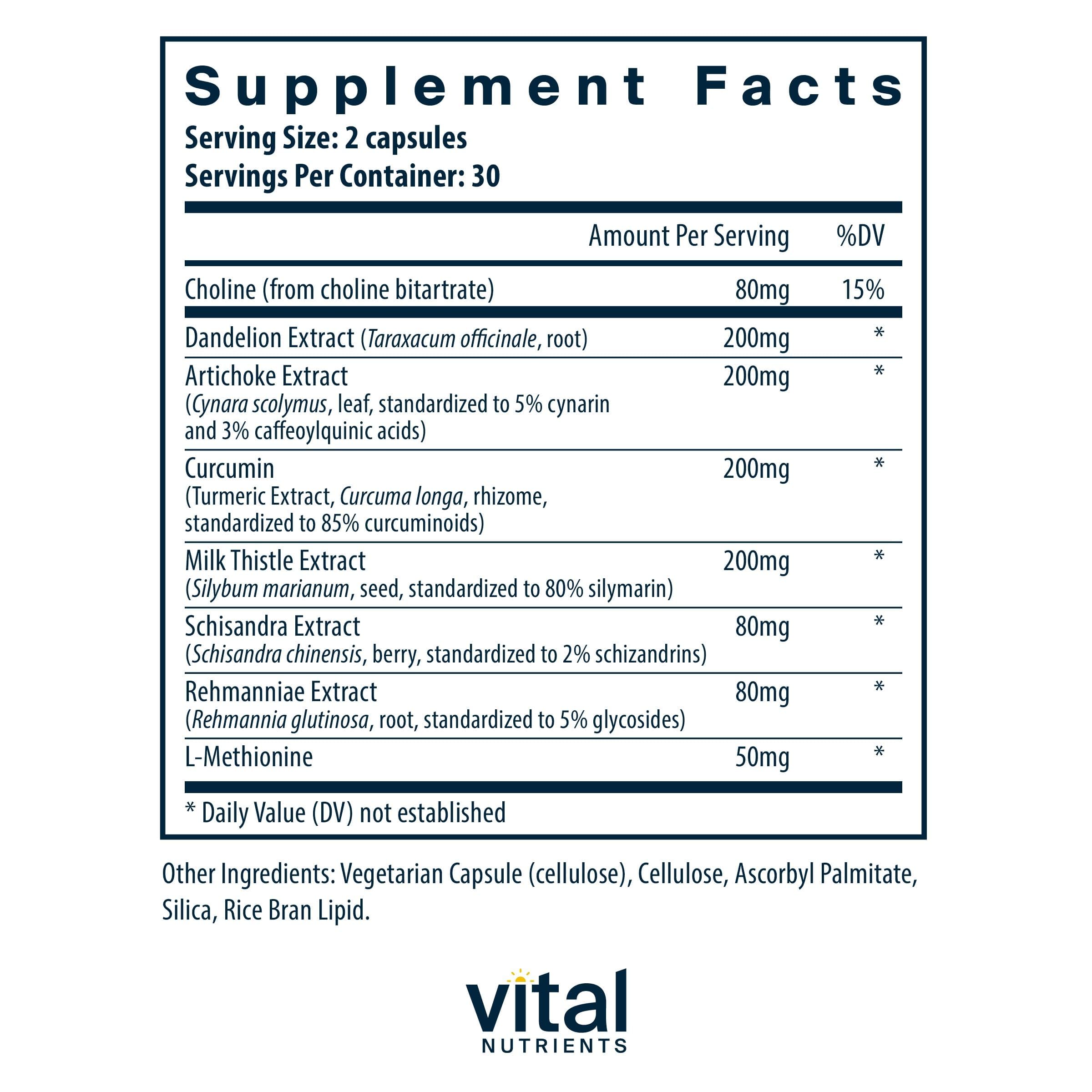 Vital Nutrients Liver Support ingredients close-up featuring milk thistle and curcumin.