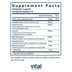 Vital Nutrients Liver Support ingredients close-up featuring milk thistle and curcumin.
