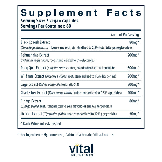 Close-up of vegan capsules from Vital Nutrients Menopause Support for daily use