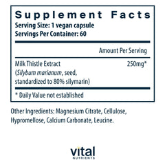 Vital Nutrients Milk Thistle Extract capsules closeup with standardized silymarin content.