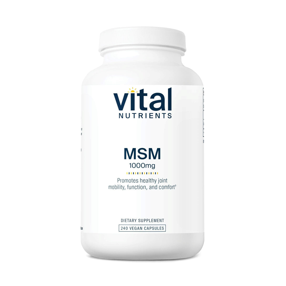 Vital Nutrients MSM 1000mg bottle front showing odorless sulfur support for joint comfort