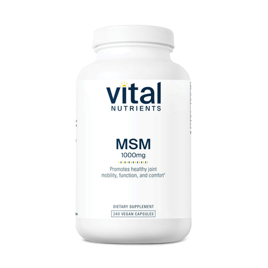 Vital Nutrients MSM 1000mg bottle front showing odorless sulfur support for joint comfort