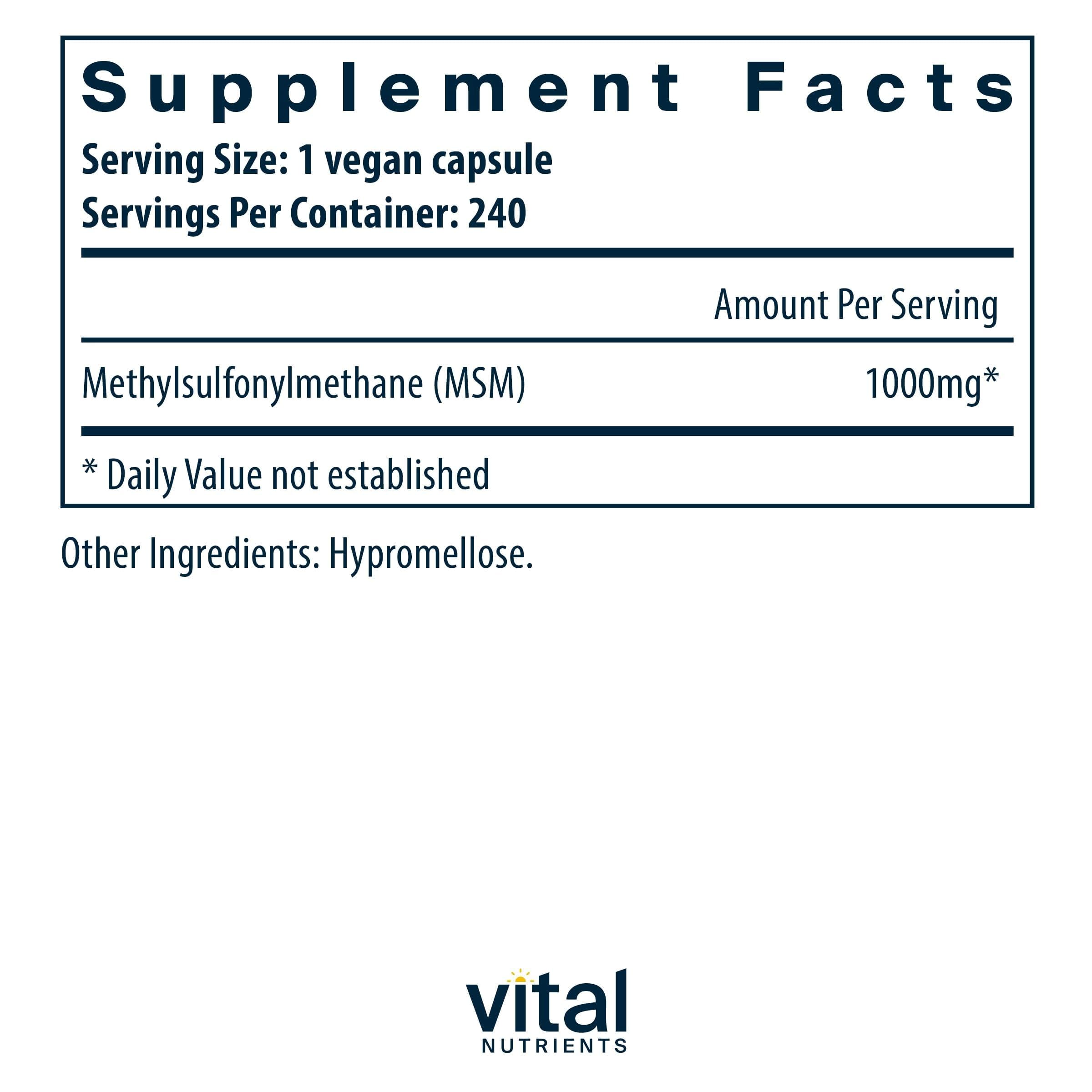 Vital Nutrients MSM 1000mg label close-up highlighting non-GMO and allergen-free formula