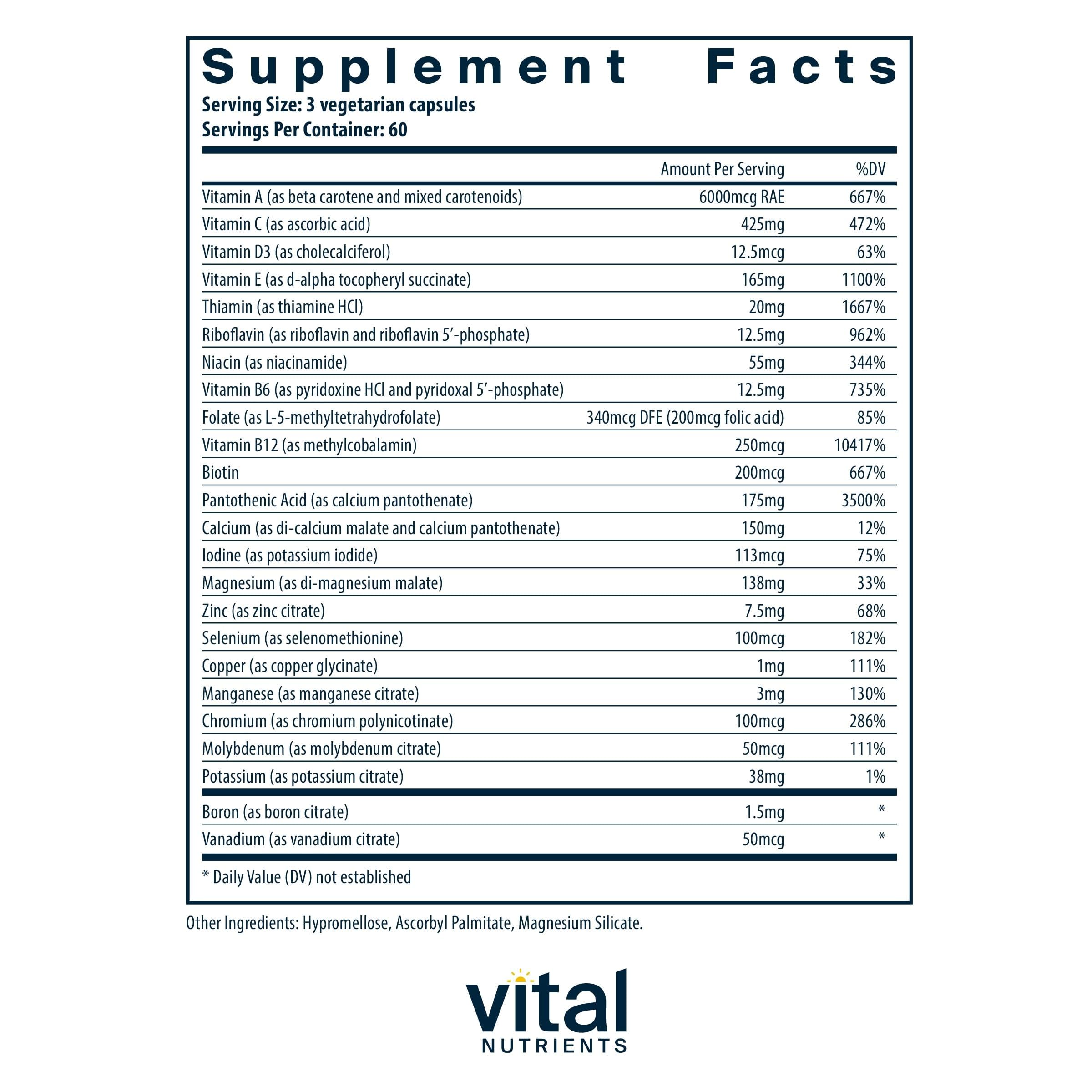 Vital Nutrients Multi-Nutrients 2 capsules closeup highlighting small vegetarian capsules