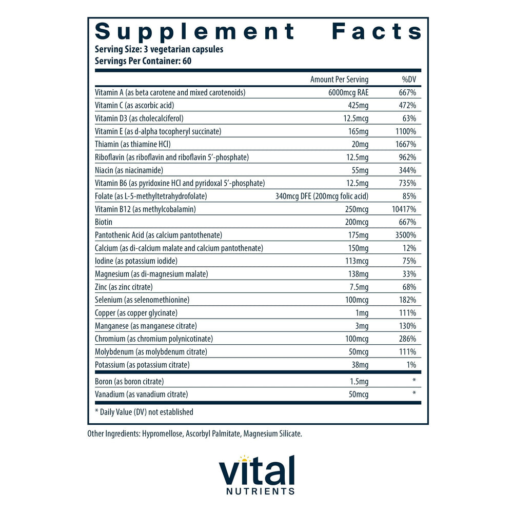 Vital Nutrients Multi-Nutrients 2 capsules closeup highlighting small vegetarian capsules